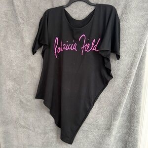 Asymmetrical Patricia Field Black Top with Pink Logo and Gold print